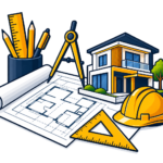 architectural blueprint workspace with house model