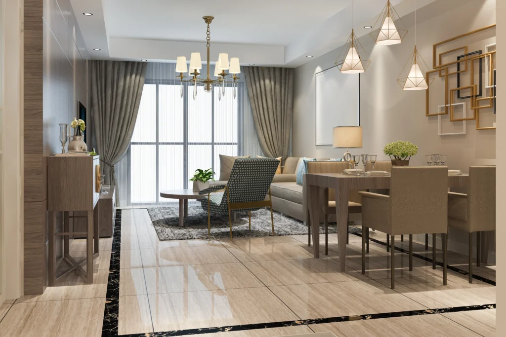 3d rendering loft luxury living room with shelf near dining table (5)