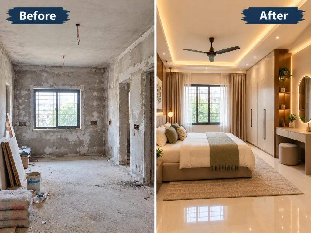Bedroom renovation before and after showing a modern, updated interior.