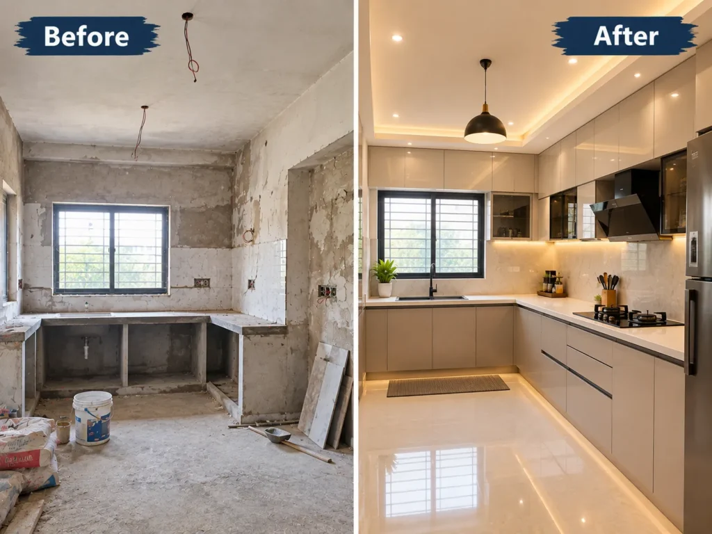Kitchen renovation before and after featuring a refreshed modern kitchen design.