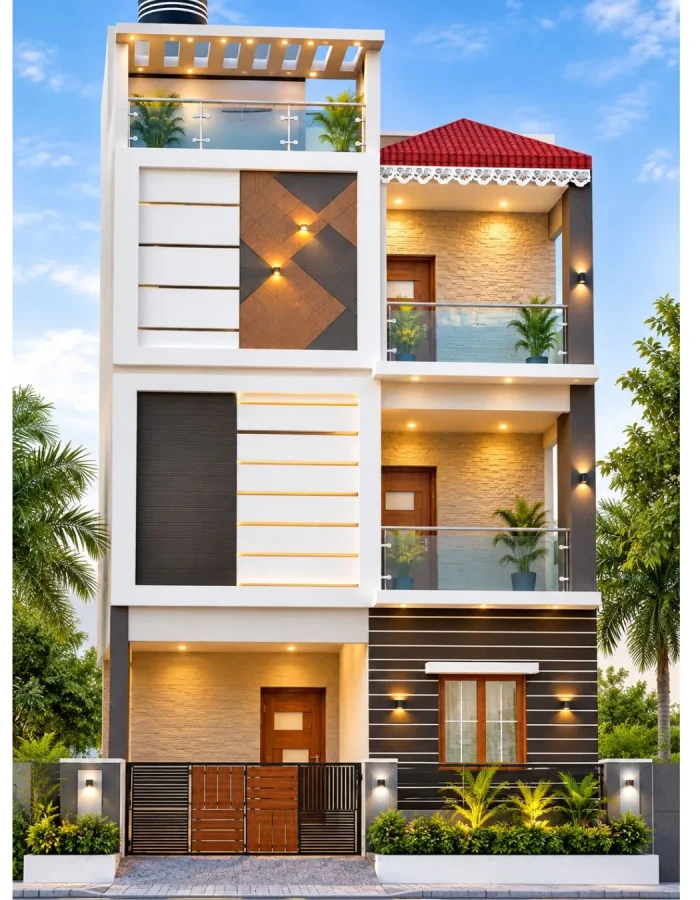 Modern villa front elevation in Chennai